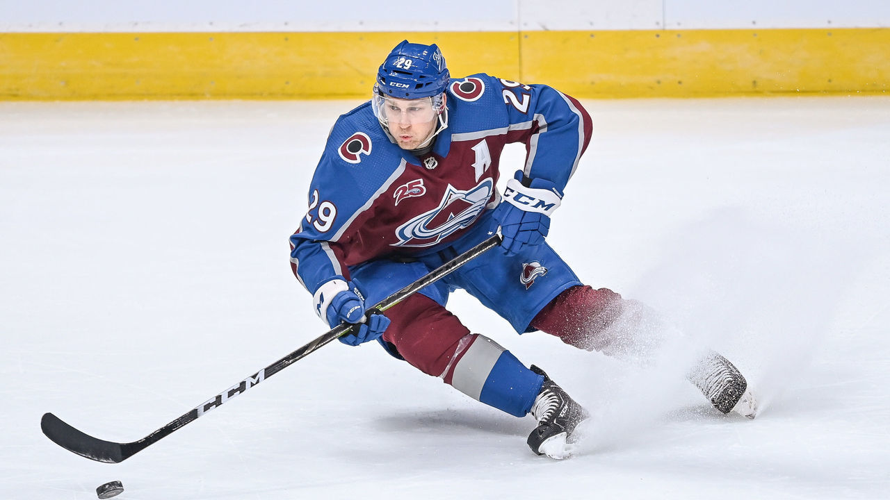DENVER, CO - JANUARY 26: Colorado Avalanche center Nathan MacKinnon (29) skates during a game between the San Jose Sharks and the Colorado Avalanche at Ball Arena in Denver, Colorado on January 26, 2021.