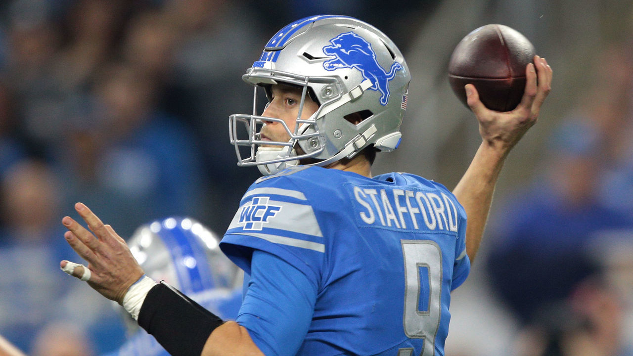 Detroit Lions quarterback Matthew Stafford (9) looks to pass during the first half of an NFL football game against the Los Angeles Rams in Detroit, Michigan USA, on Sunday, December 2, 2018.