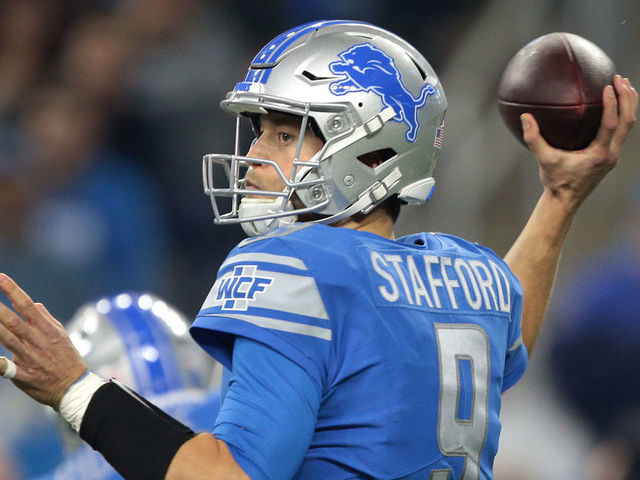 Detroit Lions quarterback Matthew Stafford (9) looks to pass during the first half of an NFL football game against the Los Angeles Rams in Detroit, Michigan USA, on Sunday, December 2, 2018.