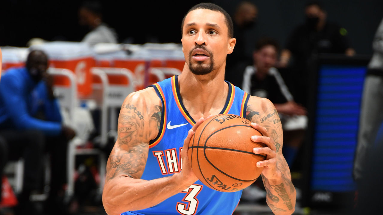 LOS ANGELES, CA - JANUARY 24: George Hill #3 of the Oklahoma City Thunder shoots the ball during the game against the LA Clippers on January 24, 2021 at STAPLES Center in Los Angeles, California. NOTE TO USER: User expressly acknowledges and agrees that, by downloading and/or using this Photograph, user is consenting to the terms and conditions of the Getty Images License Agreement. Mandatory Copyright Notice: Copyright 2021 NBAE