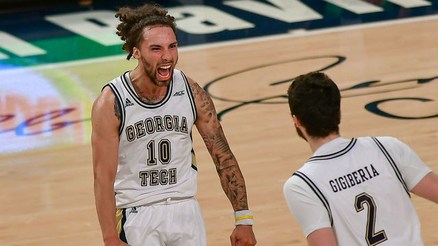 ATLANTA, GA JANUARY 20: Georgia Tech guard Jose Alvarado (10) reacts after teammate Saba Gigiberia (2) hit a three point shot late in the game during the NCAA basketball game between the Clemson Tigers and the Georgia Tech Yellow Jackets on January 20th, 2021 at Hank McCamish Pavilion in Atlanta, GA.