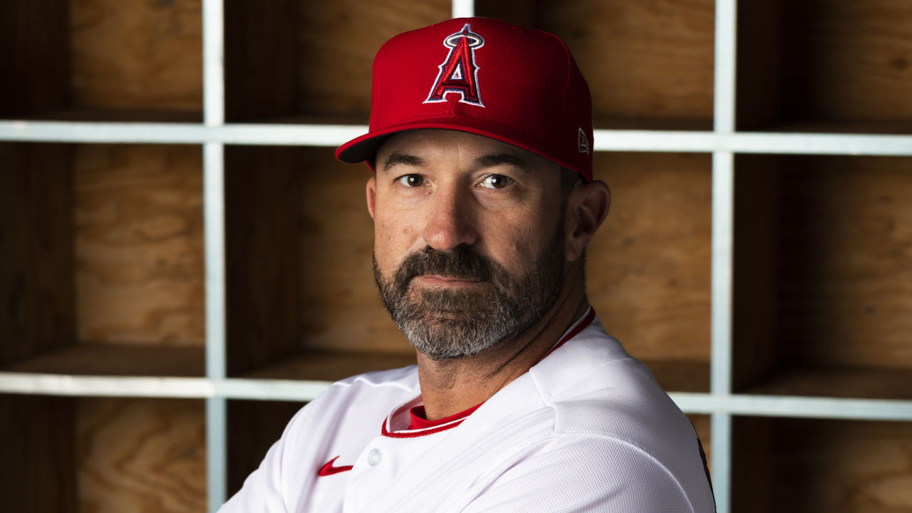 TEMPE, AZ - FEBRUARY 18: Los Angeles Angels pitching coach Mickey Callaway (75) poses for a portrait during Angels Photo Day on February 18, 2020, at Tempe Diablo Stadium in Tempe, AZ.