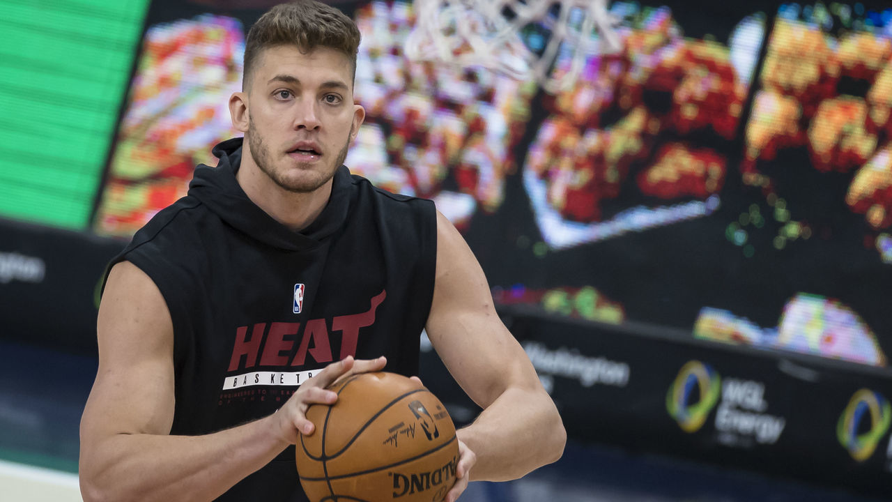 WASHINGTON, DC - JANUARY 09: Meyers Leonard #0 of the Miami Heat warms up before the game against the Washington Wizards at Capital One Arena on January 9, 2021 in Washington, DC.