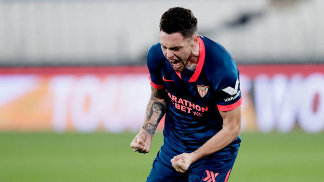 ALMERIA, SPAIN - FEBRUARY 2: Lucas Ocampos of Sevilla FC celebrates 0-1 during the Spanish Copa del Rey match between UD Almeria v Sevilla at the Estadio de los Juegos Mediterraneos on February 2, 2021 in Almeria Spain