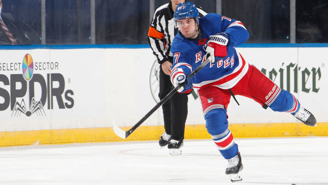 NEW YORK, NY - JANUARY 30: Tony DeAngelo #77 of the New York Rangers skates with the puck against the Pittsburgh Penguins at Madison Square Garden on January 30, 2021 in New York City.