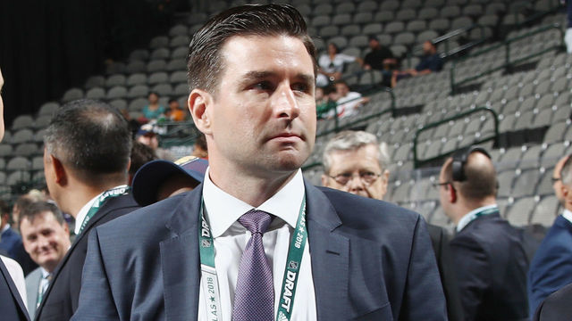 DALLAS, TX - JUNE 22: (l-r) Chris Drury and Mike Barnett of the New York Rangers attend the first round of the 2018 NHL Draft at American Airlines Center on June 22, 2018 in Dallas, Texas.