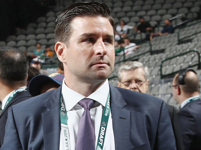 DALLAS, TX - JUNE 22: (l-r) Chris Drury and Mike Barnett of the New York Rangers attend the first round of the 2018 NHL Draft at American Airlines Center on June 22, 2018 in Dallas, Texas.