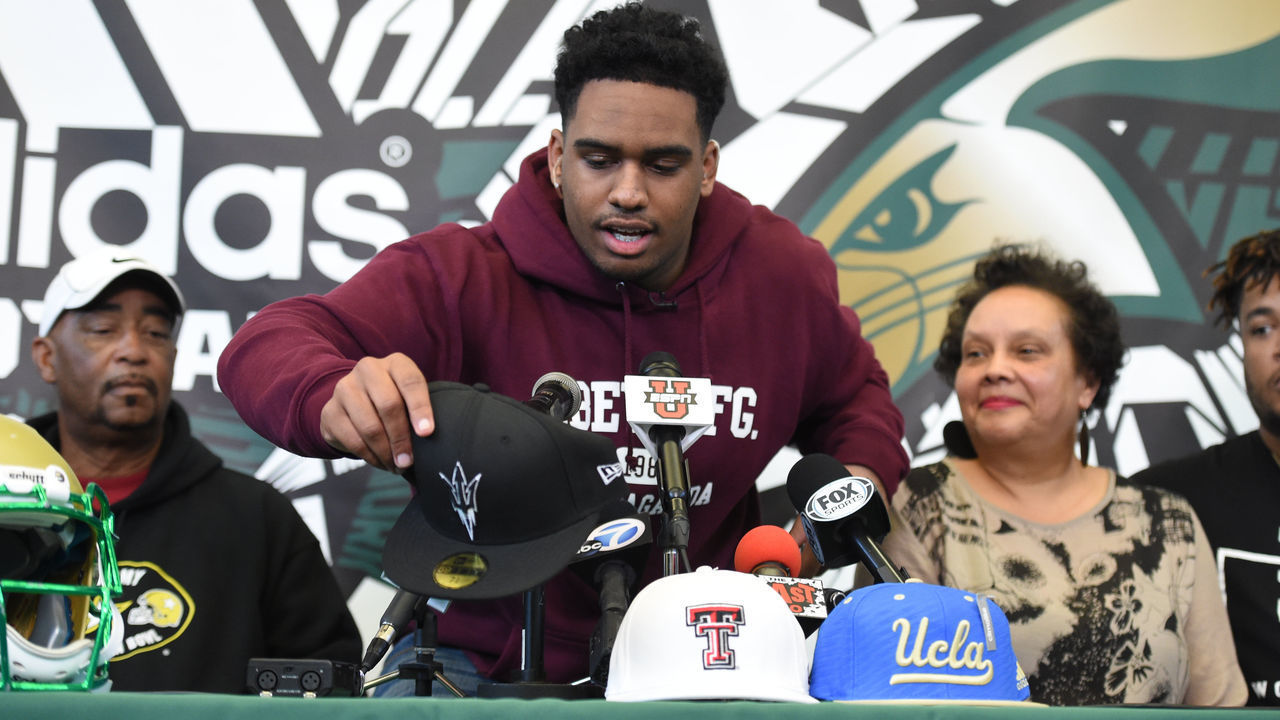 February 4, 2015: Joseph Wicker of the Long Beach Poly High School Jackrabbits announces his choice to sign with the Arizona State on National Signing Day at Long Beach Poly High School in Long Beach, CA.