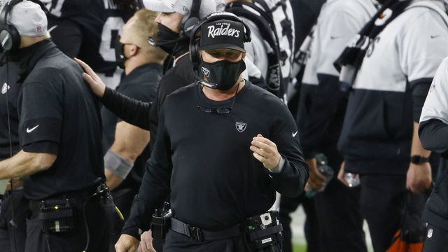 LAS VEGAS, NEVADA - DECEMBER 17: Head coach Jon Gruden of the Las Vegas Raiders looks on during the first half against the Los Angeles Chargers at Allegiant Stadium on December 17, 2020 in Las Vegas, Nevada.