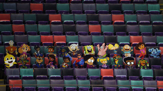 NEW ORLEANS, LOUISIANA - JANUARY 10: A detailed view of Nickelodeon cartoon characters cardboard cutouts are seen in the stands during the fourth quarter in the NFC Wild Card Playoff game between the Chicago Bears and the New Orleans Saints at Mercedes Benz Superdome on January 10, 2021 in New Orleans, Louisiana.