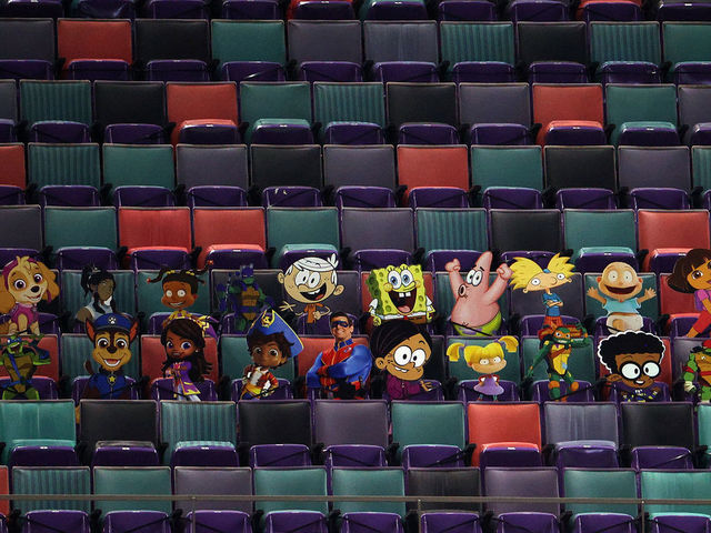 NEW ORLEANS, LOUISIANA - JANUARY 10: A detailed view of Nickelodeon cartoon characters cardboard cutouts are seen in the stands during the fourth quarter in the NFC Wild Card Playoff game between the Chicago Bears and the New Orleans Saints at Mercedes Benz Superdome on January 10, 2021 in New Orleans, Louisiana.