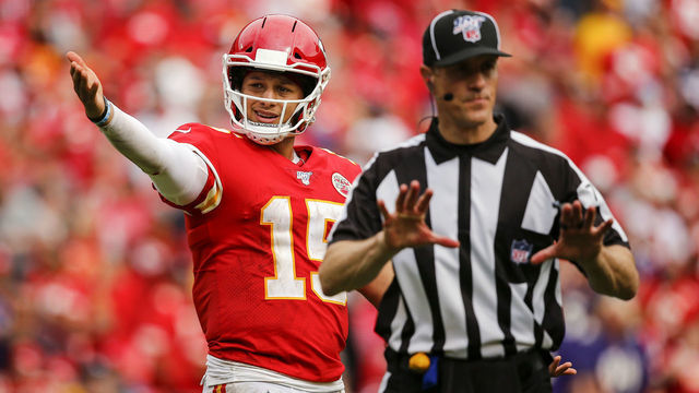 KANSAS CITY, MO - SEPTEMBER 22: Patrick Mahomes #15 of the Kansas City Chiefs objects to the lack of a pass interference penalty against the Baltimore Ravens at Arrowhead Stadium on September 22, 2019 in Kansas City, Missouri.