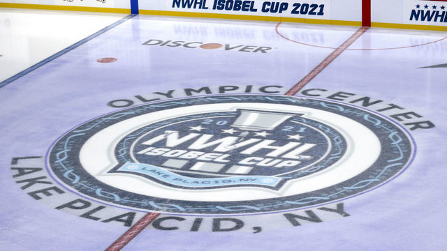 LAKE PLACID, NEW YORK - FEBRUARY 01: A general view of the NWHL logo on the ice before the game at Herb Brooks Arena on February 01, 2021 in Lake Placid, New York.