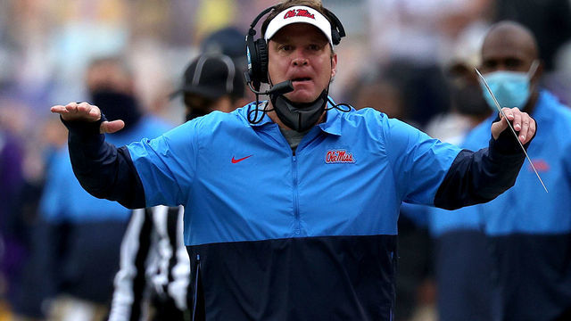 BATON ROUGE, LOUISIANA - DECEMBER 19: Head coach Lane Kiffin of the Mississippi Rebels reacts to a call during a game against the LSU Tigers at Tiger Stadium on December 19, 2020 in Baton Rouge, Louisiana.
