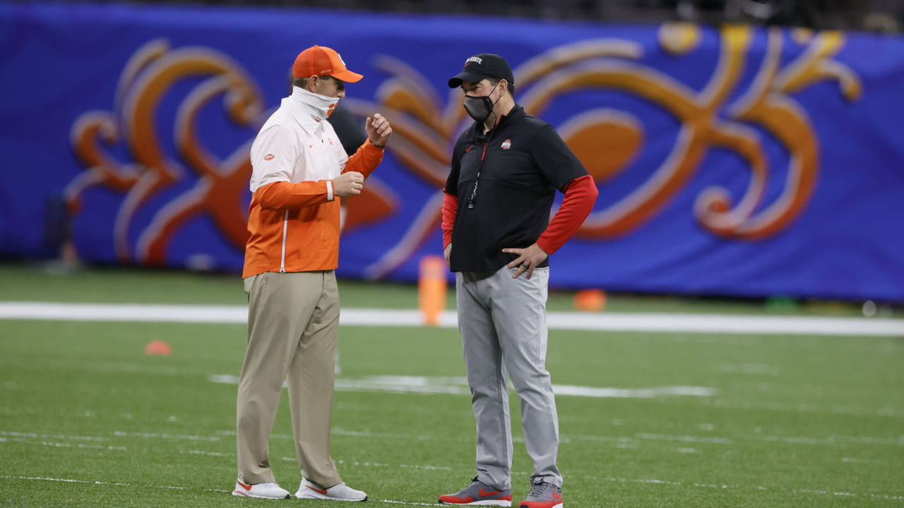 College Football: CFP National Semifinals: Ohio State coach Ryan Day (R) and Clemson coach Dabo Swinney on field before game at Mercedes-Benz Superdome. New Orleans, LA 1/1/2021 CREDIT: David E. Klutho (Set Number: X163492)