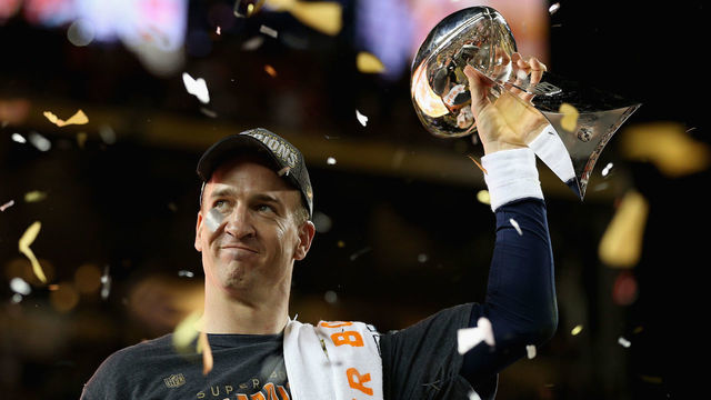 SANTA CLARA, CA - FEBRUARY 07: Quarterback Peyton Manning #18 of the Denver Broncos holds the Vince Lombardi Trophy after winning Super Bowl 50 against the Carolina Panthers at Levi's Stadium on February 7, 2016 in Santa Clara, California.