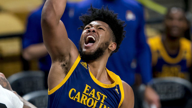 ORLANDO, FL - JANUARY 27: East Carolina Pirates forward Jayden Gardner (1) takes a layup during the basketball game between the UCF Knights and the and the East North Carolina on January 27 in Orlando, FL.