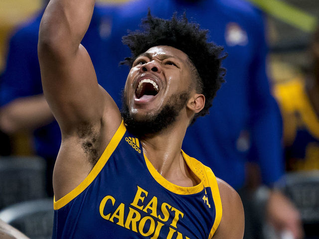 ORLANDO, FL - JANUARY 27: East Carolina Pirates forward Jayden Gardner (1) takes a layup during the basketball game between the UCF Knights and the and the East North Carolina on January 27 in Orlando, FL.