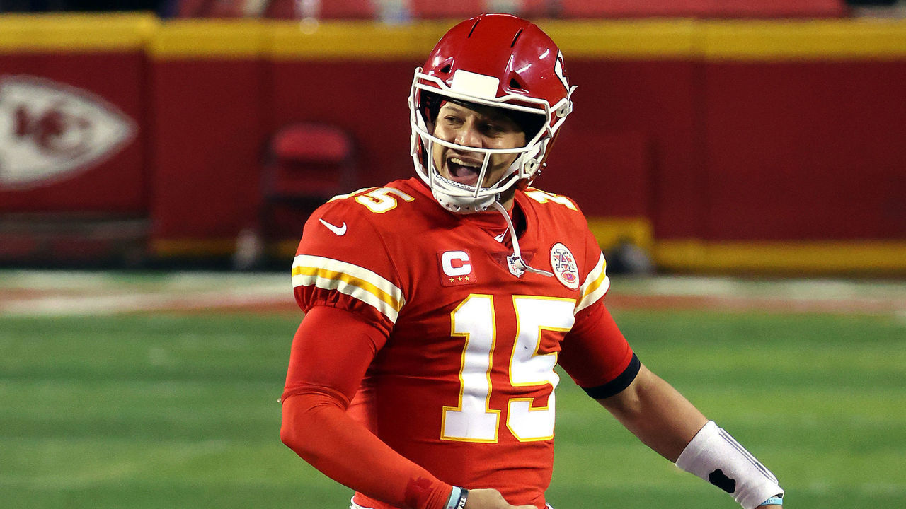 KANSAS CITY, MISSOURI - JANUARY 24: Patrick Mahomes #15 of the Kansas City Chiefs celebrates in the fourth quarter against the Buffalo Bills during the AFC Championship game at Arrowhead Stadium on January 24, 2021 in Kansas City, Missouri. (