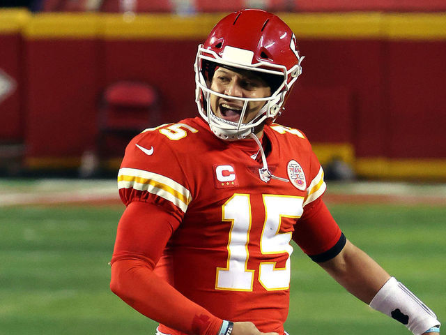 KANSAS CITY, MISSOURI - JANUARY 24: Patrick Mahomes #15 of the Kansas City Chiefs celebrates in the fourth quarter against the Buffalo Bills during the AFC Championship game at Arrowhead Stadium on January 24, 2021 in Kansas City, Missouri. (