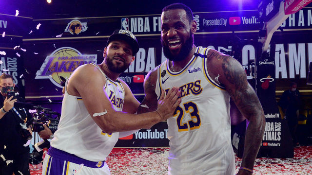 ORLANDO, FL - OCTOBER 11: Jared Dudley #10 of the Los Angeles Lakers and LeBron James #23 of the Los Angeles Lakers celebrate after Game Six of the NBA Finals on October 11, 2020 at The AdventHealth Arena at ESPN Wide World Of Sports Complex in Orlando, Florida. NOTE TO USER: User expressly acknowledges and agrees that, by downloading and/or using this Photograph, user is consenting to the terms and conditions of the Getty Images License Agreement. Mandatory Copyright Notice: Copyright 2020 NBAE
