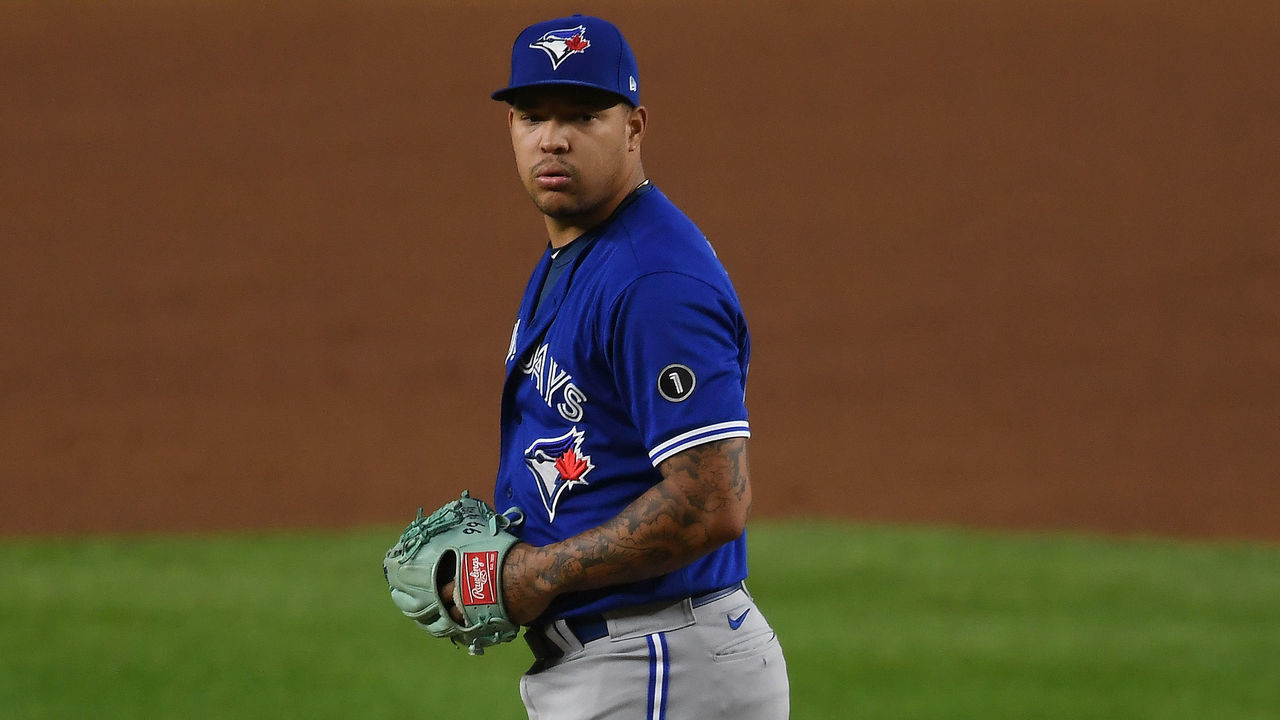 NEW YORK, NEW YORK - SEPTEMBER 15: Taijuan Walker #00 of the Toronto Blue Jays pitches during the first inning against the New York Yankees at Yankee Stadium on September 15, 2020 in the Bronx borough of New York City.