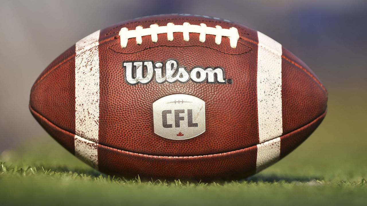 MONTREAL, QC - JULY 04: An official ball sits on the field prior to the CFL game between the Montreal Alouettes and the Hamilton Tiger-Cats at Percival Molson Stadium on July 4, 2019 in Montreal, Quebec, Canada. The Montreal Alouettes defeated the Hamilton Tiger-Cats 36-29.