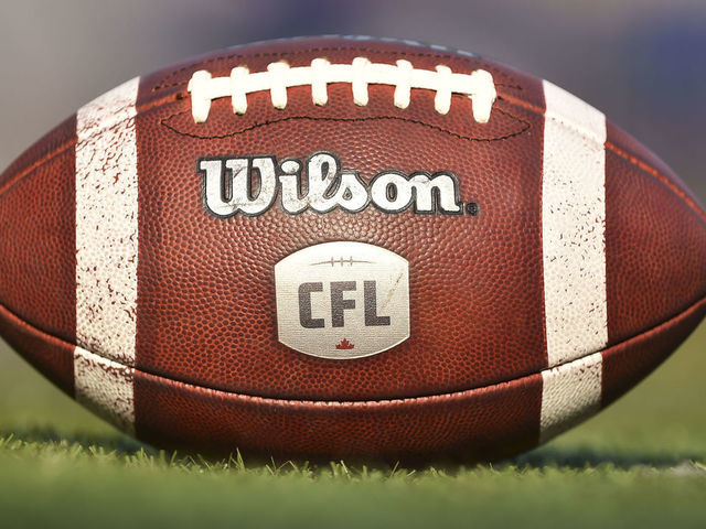 MONTREAL, QC - JULY 04: An official ball sits on the field prior to the CFL game between the Montreal Alouettes and the Hamilton Tiger-Cats at Percival Molson Stadium on July 4, 2019 in Montreal, Quebec, Canada. The Montreal Alouettes defeated the Hamilton Tiger-Cats 36-29.