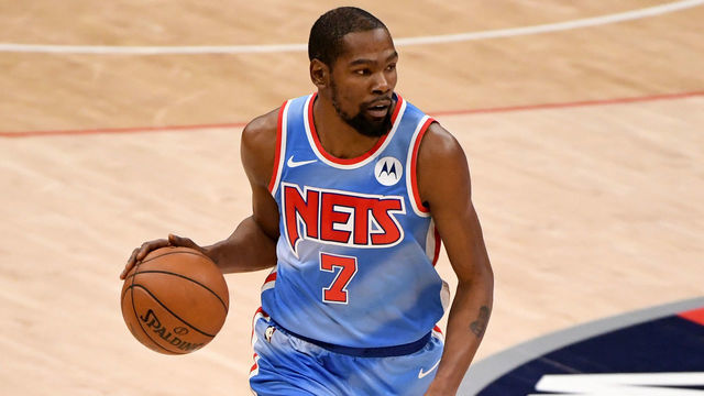 WASHINGTON, DC - JANUARY 31: Kevin Durant #7 of the Brooklyn Nets dribbles against the Washington Wizards during the first half at Capital One Arena on January 31, 2021 in Washington, DC.