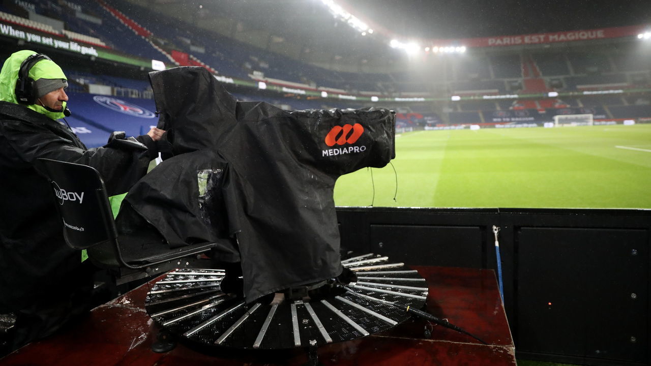 PARIS, FRANCE-DECEMBER 13: illustration of camera Mediapro producer of Ligue1 during the Ligue 1 match between Paris Saint-Germain and Olympique Lyon at Parc des Princes on December 13, 2020 in Paris, France.