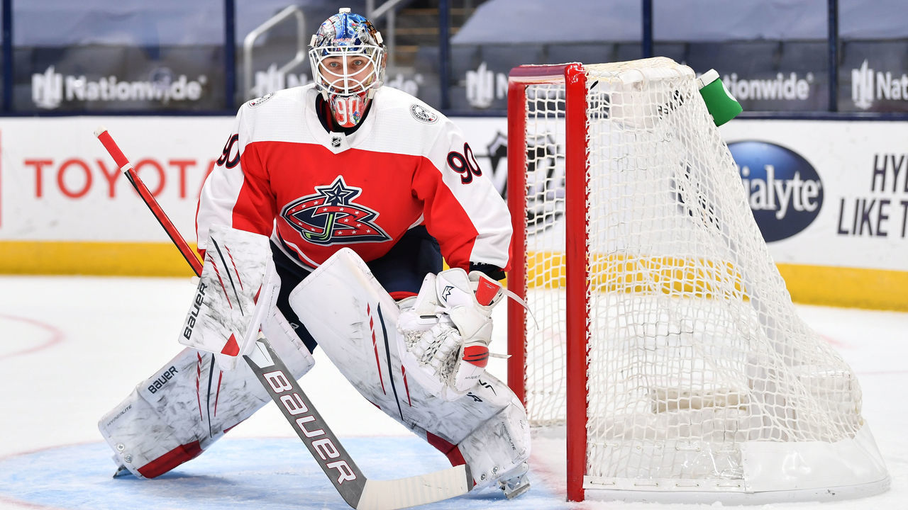COLUMBUS, OH - FEBRUARY 2: Goaltender Elvis Merzlikins #90 of the Columbus Blue Jackets defends the net during the second period of a game against the Dallas Stars on February 2, 2021 at Nationwide Arena in Columbus, Ohio.