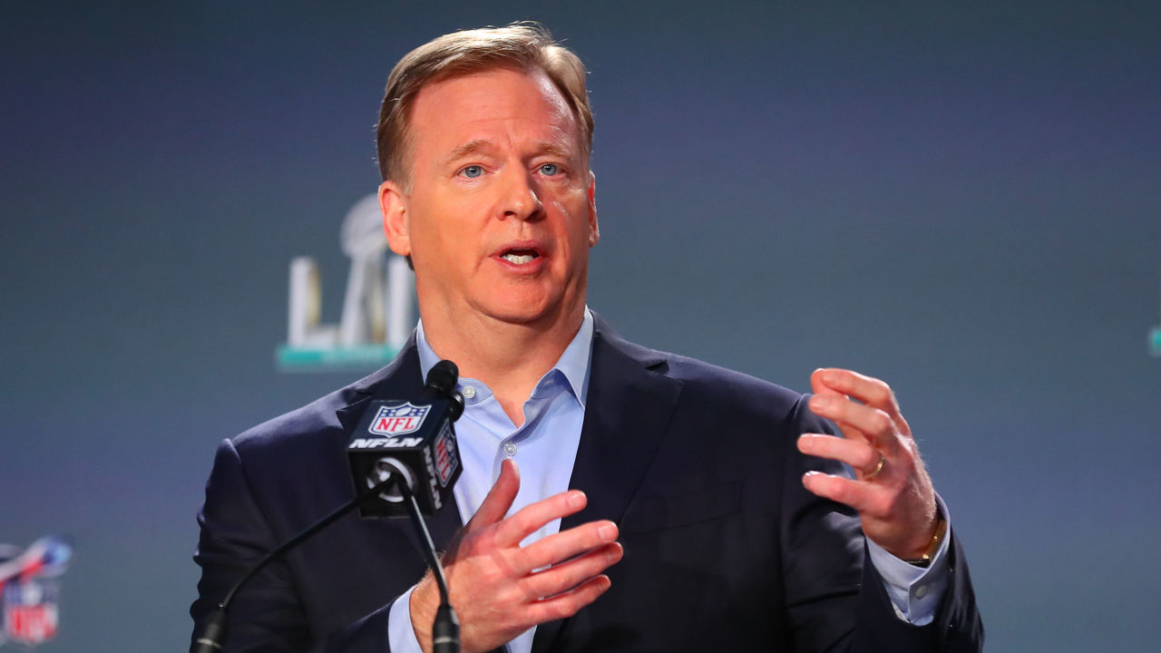 MIAMI, FL - JANUARY 29: NFL Commissioner Roger Goodell speaks during the Commissioners press conference on January 29, 2020 at the Hilton Downtown in Miami, FL.