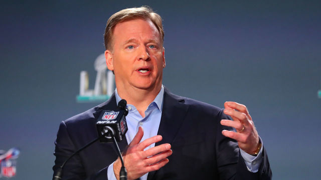 MIAMI, FL - JANUARY 29: NFL Commissioner Roger Goodell speaks during the Commissioners press conference on January 29, 2020 at the Hilton Downtown in Miami, FL.