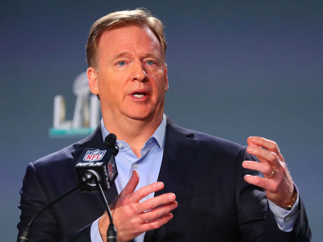 MIAMI, FL - JANUARY 29: NFL Commissioner Roger Goodell speaks during the Commissioners press conference on January 29, 2020 at the Hilton Downtown in Miami, FL.