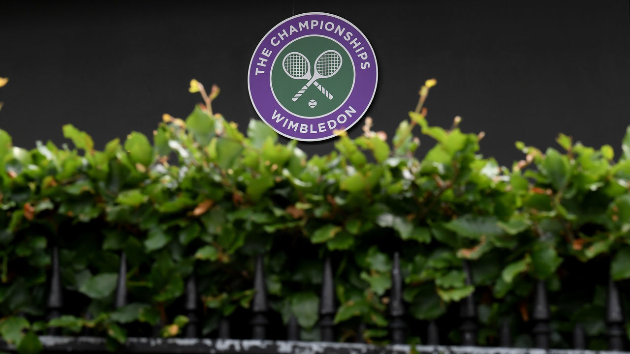 WIMBLEDON, ENGLAND - JUNE 29: A detailed view of the Wimbledon Logo from outside The All England Tennis and Croquet Club on June 29, 2020 in Wimbledon, England. The Wimbledon Tennis Championships were due to start today, but were cancelled due to the coronavirus pandemic.
