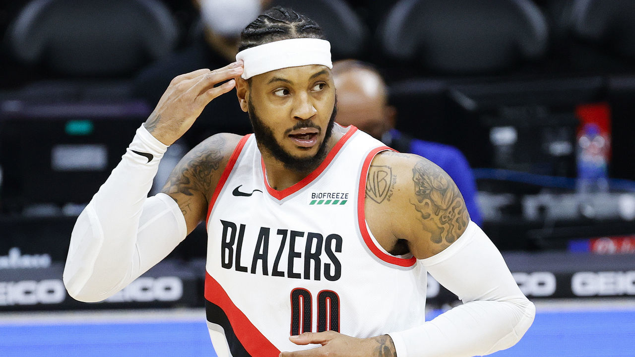 PHILADELPHIA, PENNSYLVANIA - FEBRUARY 04: Carmelo Anthony #00 of the Portland Trail Blazers celebrates a three point basket during the second quarter against the Philadelphia 76ers at Wells Fargo Center on February 04, 2021 in Philadelphia, Pennsylvania.