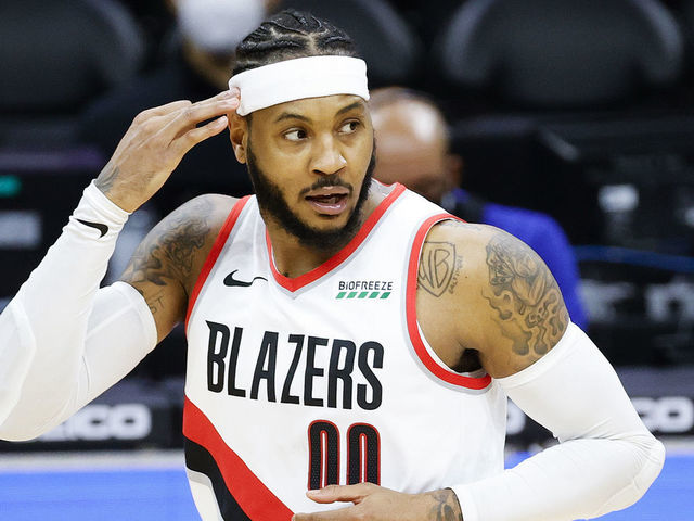 PHILADELPHIA, PENNSYLVANIA - FEBRUARY 04: Carmelo Anthony #00 of the Portland Trail Blazers celebrates a three point basket during the second quarter against the Philadelphia 76ers at Wells Fargo Center on February 04, 2021 in Philadelphia, Pennsylvania.