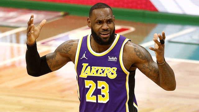 BOSTON, MASSACHUSETTS - JANUARY 30: LeBron James #23 of the Los Angeles Lakers reacts to a foul called against him during the fourth quarter at TD Garden on January 30, 2021 in Boston, Massachusetts. The Lakers defeat the Celtics 96-95.
