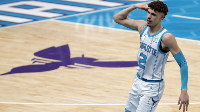 CHARLOTTE, NORTH CAROLINA - FEBRUARY 03: LaMelo Ball #2 of the Charlotte Hornets reacts following a three point basket during the first quarter of their game against the Philadelphia 76ers at Spectrum Center on February 03, 2021 in Charlotte, North Carolina.