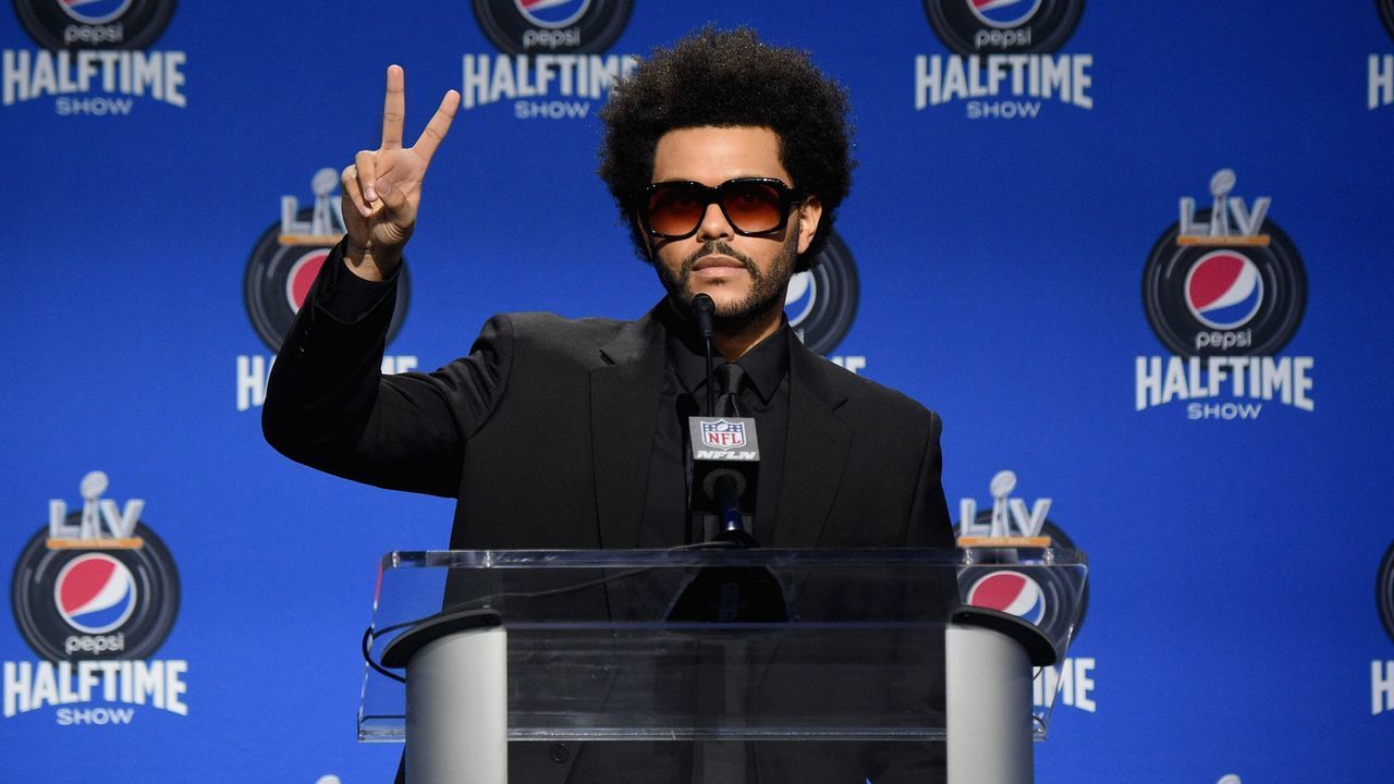 TAMPA, FLORIDA - FEBRUARY 04: The Weeknd speaks during the Pepsi Super Bowl LV Halftime Show Press Conference at Tampa Convention Center on February 04, 2021 in Tampa, Florida.