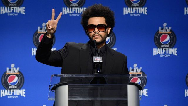 TAMPA, FLORIDA - FEBRUARY 04: The Weeknd speaks during the Pepsi Super Bowl LV Halftime Show Press Conference at Tampa Convention Center on February 04, 2021 in Tampa, Florida.