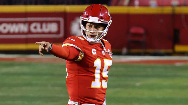 KANSAS CITY, MISSOURI - JANUARY 24: Patrick Mahomes #15 of the Kansas City Chiefs celebrates in the fourth quarter against the Buffalo Bills during the AFC Championship game at Arrowhead Stadium on January 24, 2021 in Kansas City, Missouri.