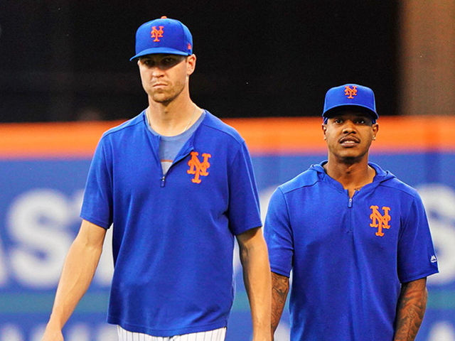 Baseball: New York Mets (L-R) Noah Syndergaard (34), Jacob deGrom (48), Marcus Stroman (7) and interim pitching coach Phil Regan (58) in outfield before game vs Cleveland Indians at Citi Field. Flushing, NY 8/20/2019 CREDIT: Erick W. Rasco (Set Number: X162836 TK1 )