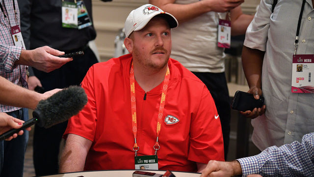 AVENTURA, FLORIDA - JANUARY 29: Britt Reid Linebackers coach for the Kansas City Chiefs speaks to the media during the Kansas City Chiefs media availability prior to Super Bowl LIV at the JW Marriott Turnberry on January 29, 2020 in Aventura, Florida.