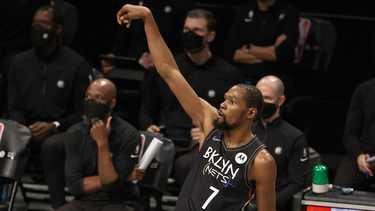NEW YORK, NEW YORK - FEBRUARY 05: Kevin Durant #7 of the Brooklyn Nets admires his three point shot in the second quarter against the Toronto Raptors at Barclays Center on February 05, 2021 in New York City.