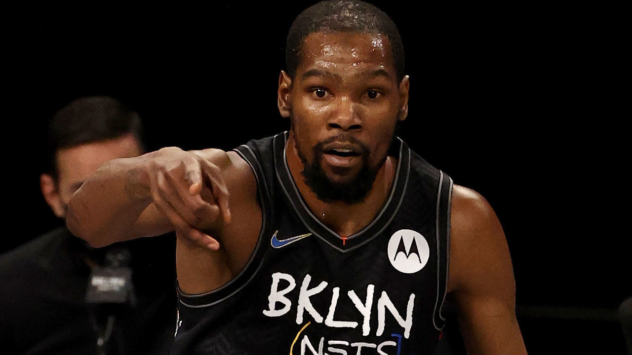 NEW YORK, NEW YORK - FEBRUARY 05: Kevin Durant #7 of the Brooklyn Nets celebrates his three point shot in the second quarter against the Toronto Raptors at Barclays Center on February 05, 2021 in New York City.