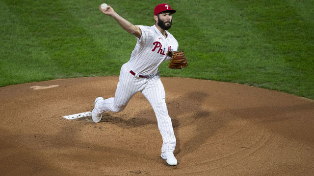 PHILADELPHIA, PA - SEPTEMBER 15: Jake Arrieta #49 of the Philadelphia Phillies throws a pitch against the New York Mets at Citizens Bank Park on September 15, 2020 in Philadelphia, Pennsylvania. The Phillies defeated the Mets 4-1.