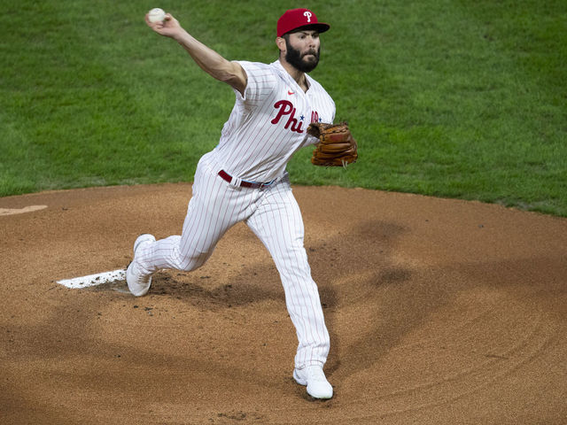 PHILADELPHIA, PA - SEPTEMBER 15: Jake Arrieta #49 of the Philadelphia Phillies throws a pitch against the New York Mets at Citizens Bank Park on September 15, 2020 in Philadelphia, Pennsylvania. The Phillies defeated the Mets 4-1.