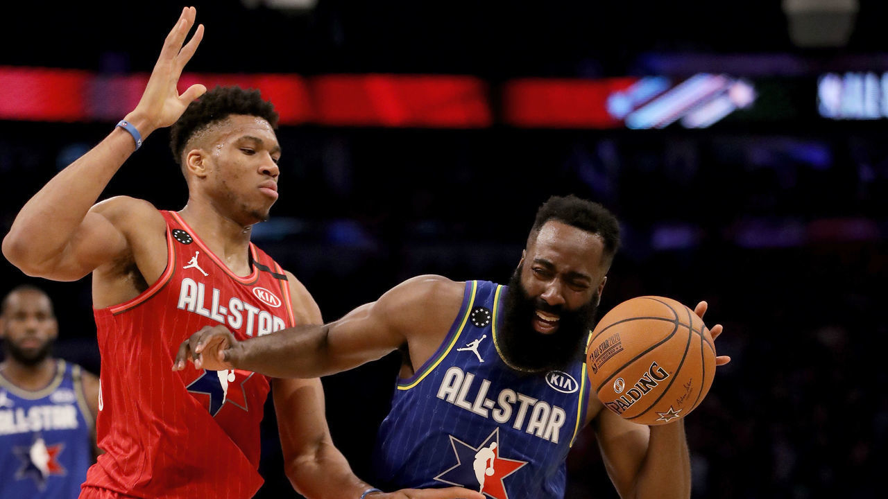 CHICAGO, ILLINOIS - FEBRUARY 16: James Harden #2 of Team LeBron dribbles the ball while being guarded by Giannis Antetokounmpo #24 of Team Giannis in the fourth quarter during the 69th NBA All-Star Game at the United Center on February 16, 2020 in Chicago, Illinois.