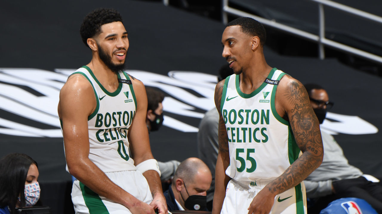 LOS ANGELES, CA - FEBRUARY 5: Jayson Tatum #0 and Jeff Teague #55 of the Boston Celtics talk during the game against the LA Clippers on February 5, 2021 at STAPLES Center in Los Angeles, California. NOTE TO USER: User expressly acknowledges and agrees that, by downloading and/or using this Photograph, user is consenting to the terms and conditions of the Getty Images License Agreement. Mandatory Copyright Notice: Copyright 2021 NBAE